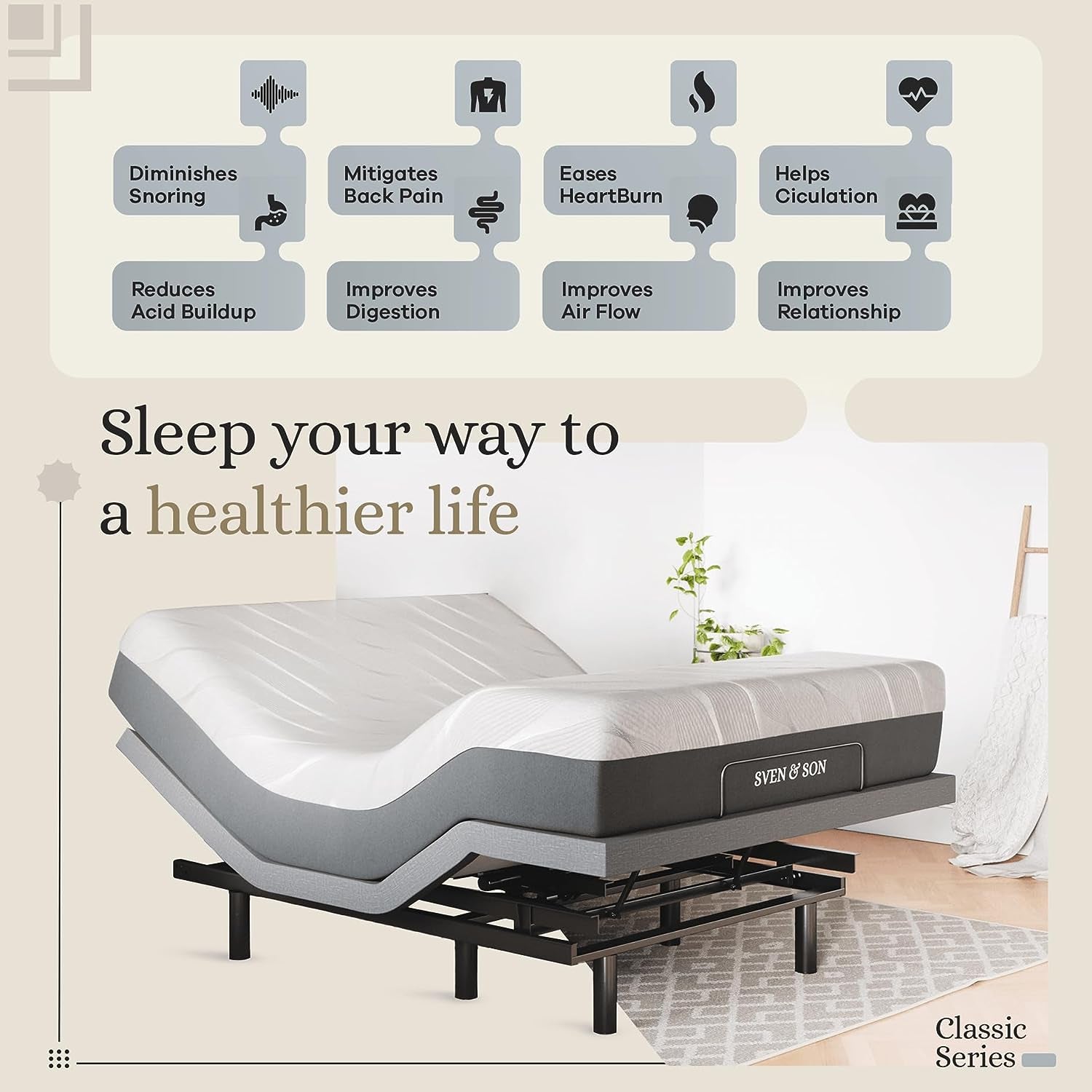 Queen Adjustable Bed Base Frame + 10” Luxury Cool Gel Memory Foam Mattress, Head up Foot Up, USB Ports, Zero Gravity, Interactive Dual Massage, Wireless, Classic (Queen)